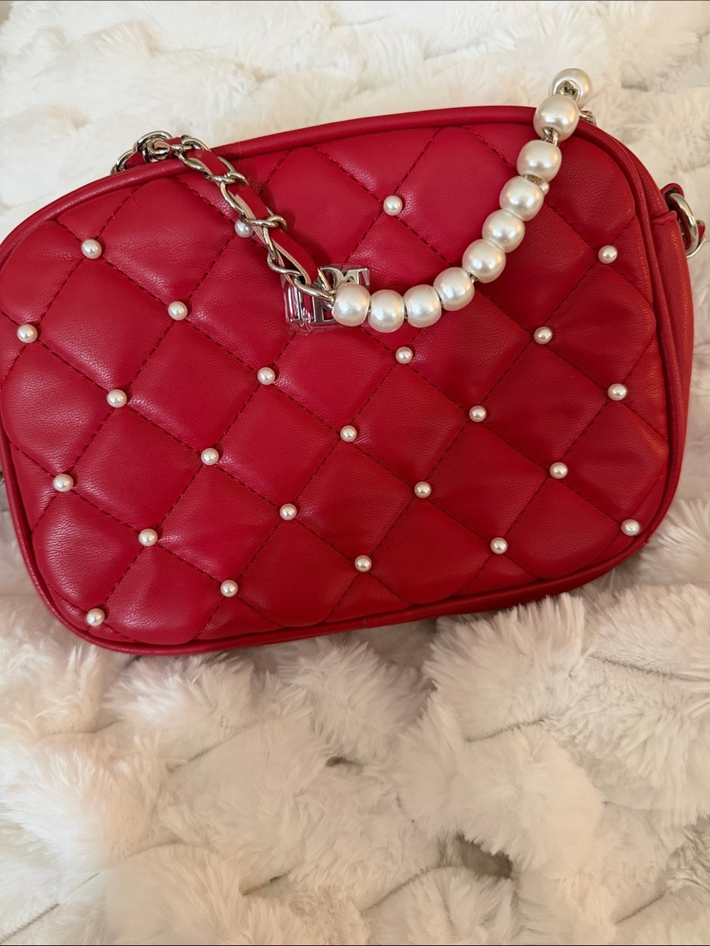 Badgley Mischka Red Quilted Pearl-Stud Crossbody Bag